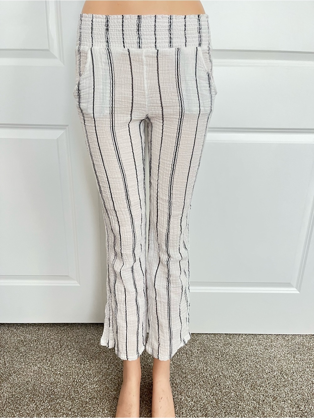 Billabong White Pants with Thin Black Stripes - Flare Pull-On